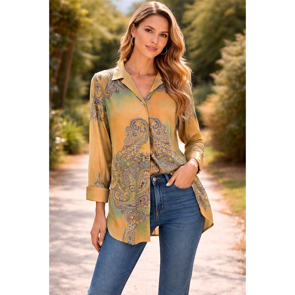 FANTASIA Women's Long Sleeve Button Down Coat Paisley Boho Print Size M‎